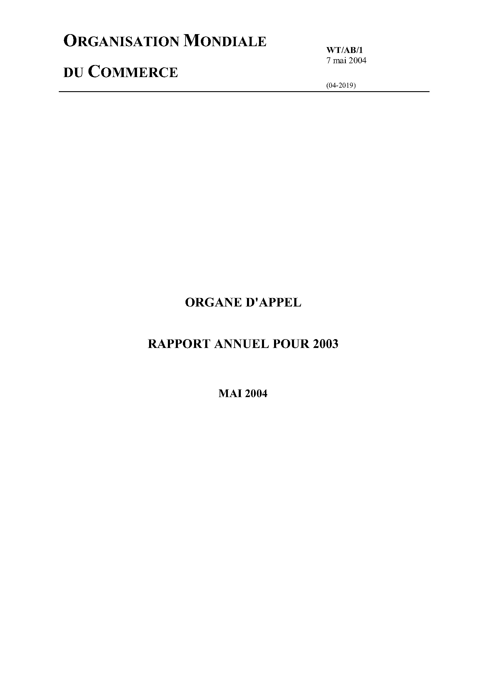 image of Rapport annuel de l’organe d’appel pour 2003