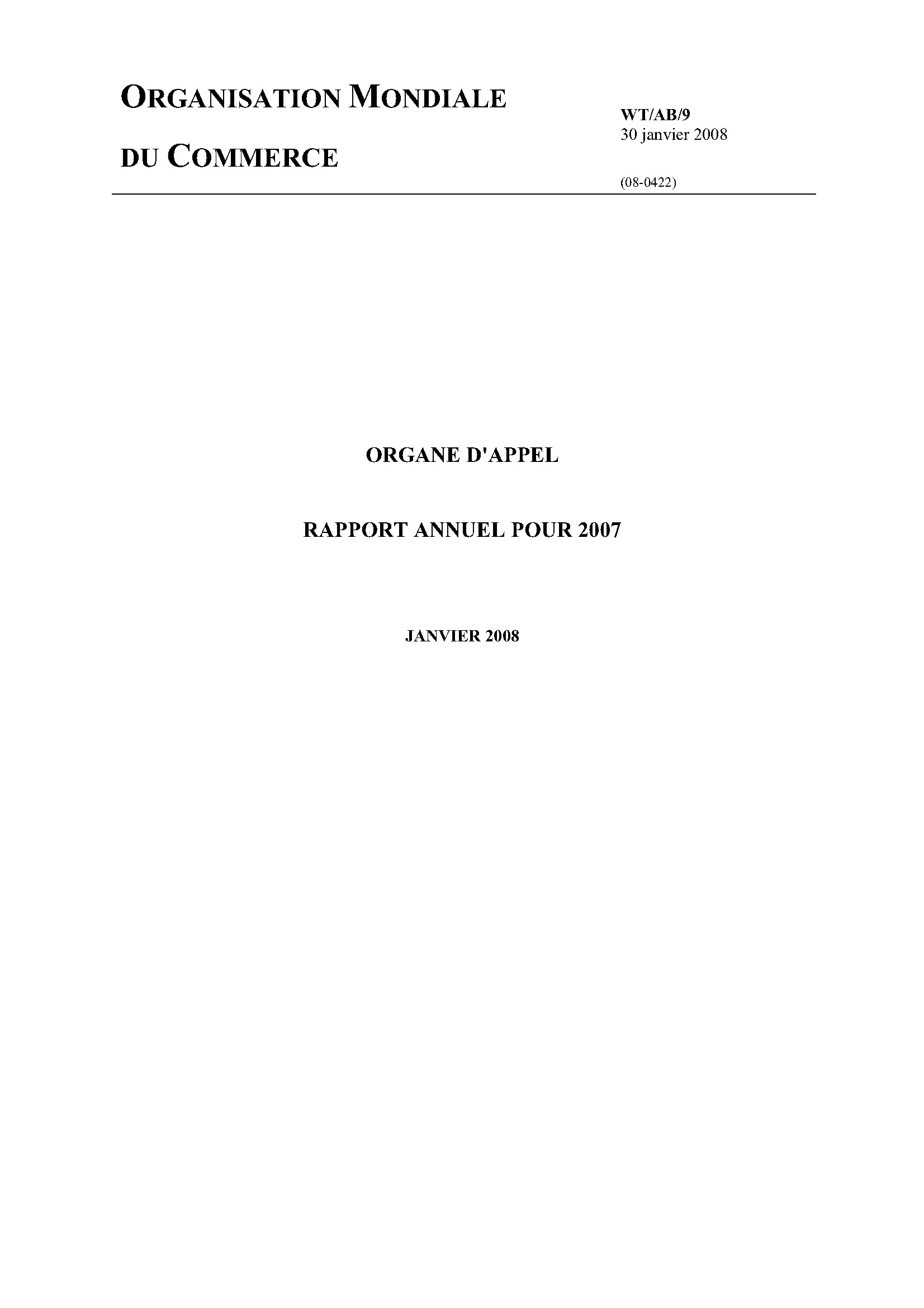 image of Rapport annuel de l’organe d’appel pour 2007