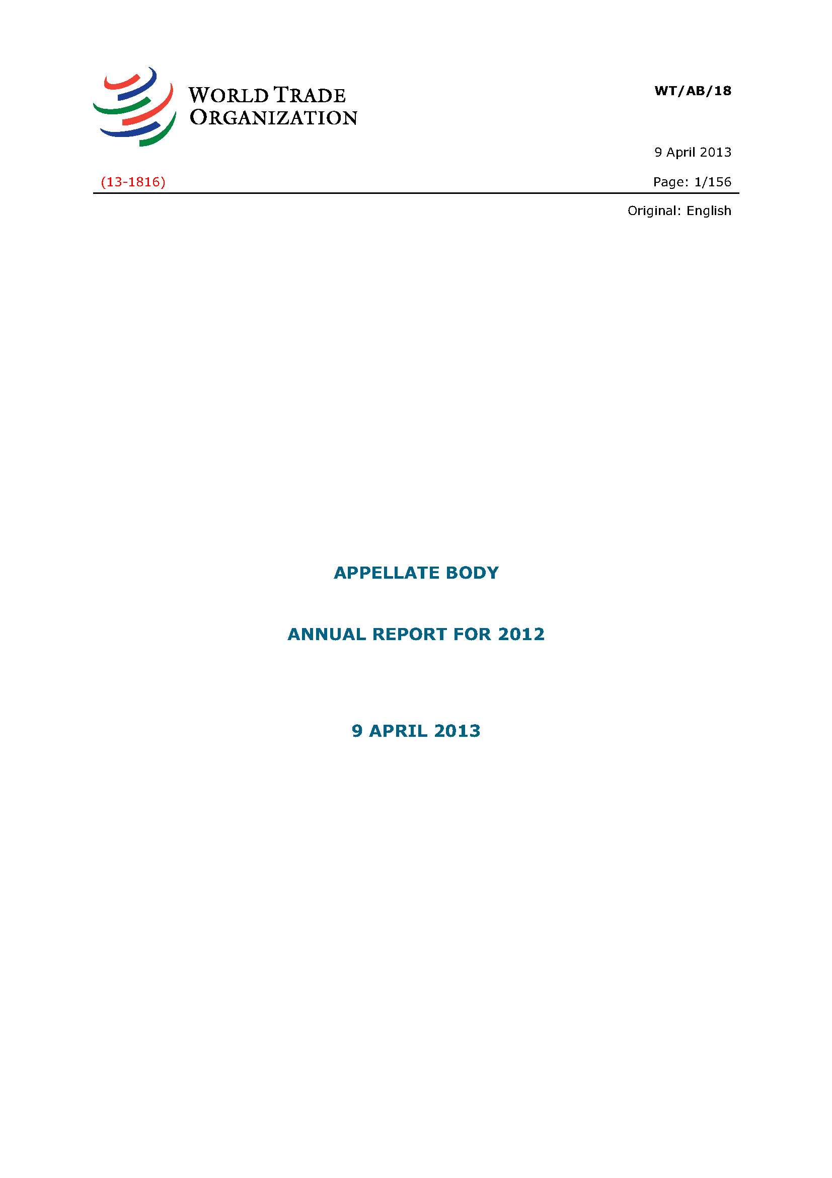image of Appellate Body annual report for 2012