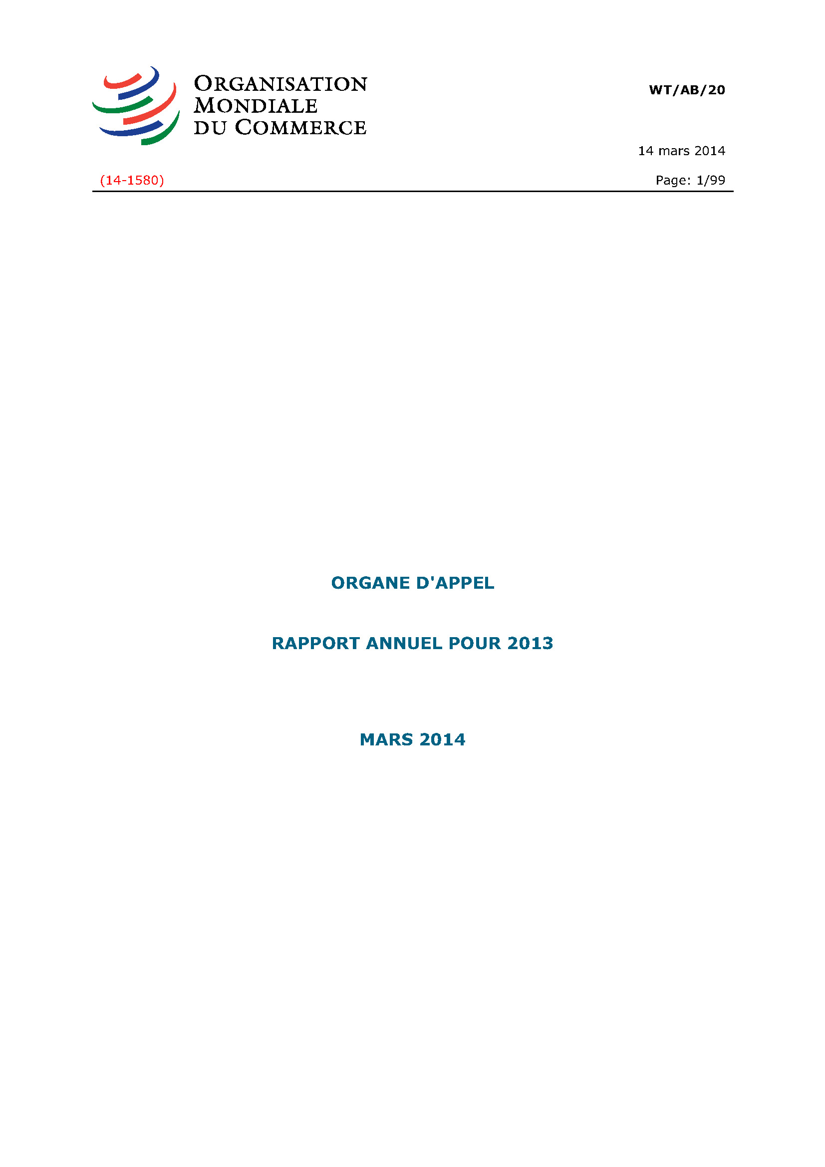image of Rapport annuel de l’organe d’appel pour 2013