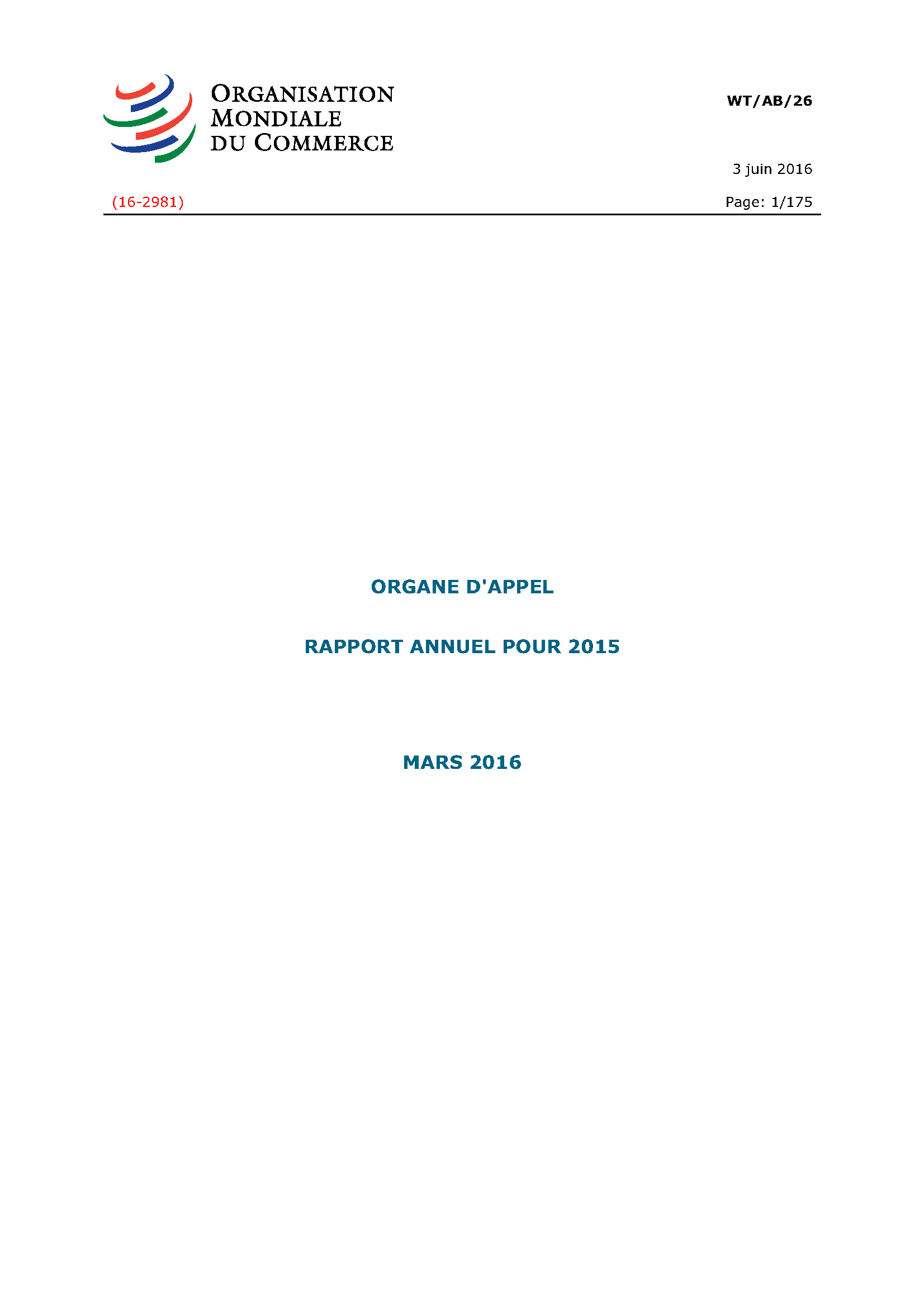 image of Rapport annuel de l’organe d’appel pour 2015